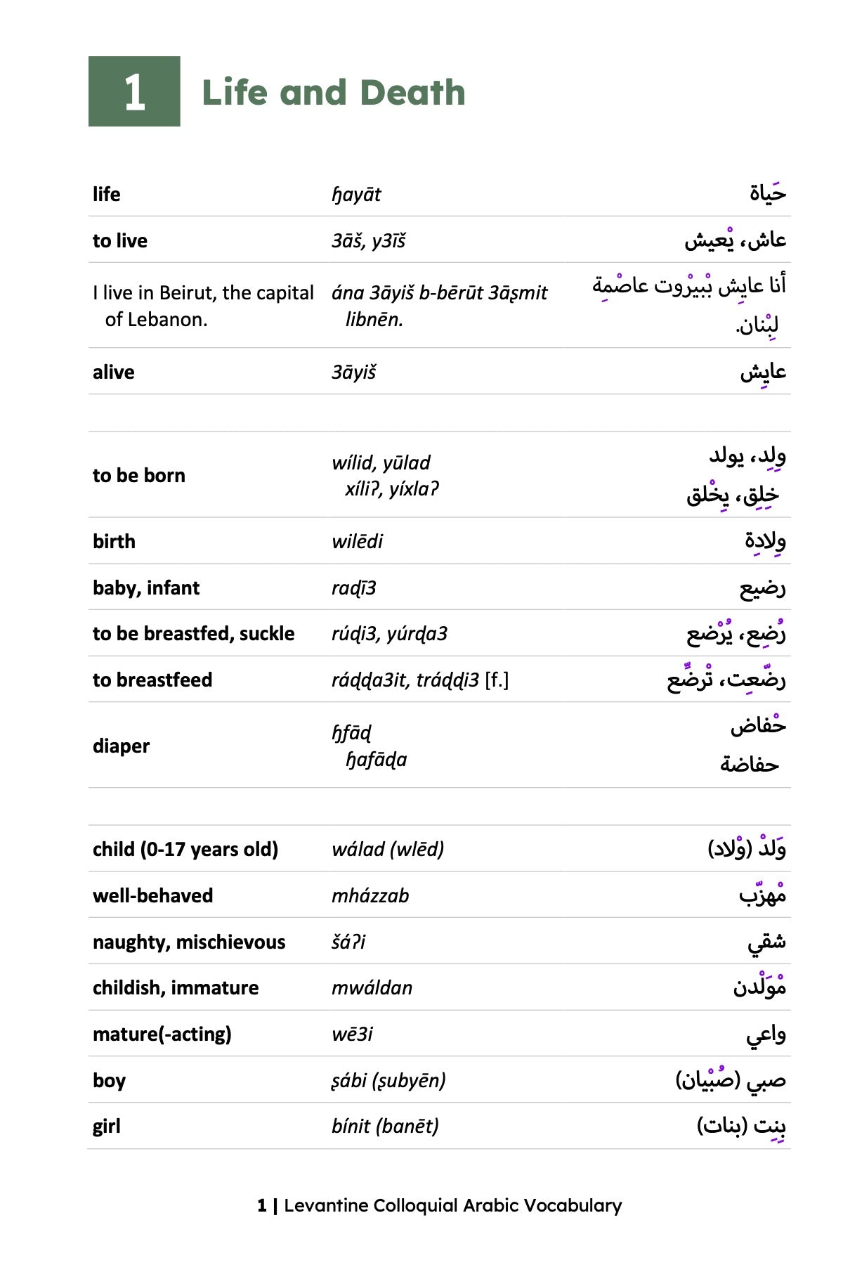 Levantine Colloquial Arabic Vocabulary