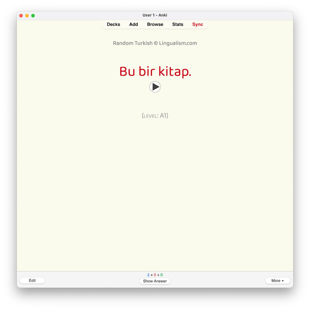 Random Turkish A1: Anki Flashcards