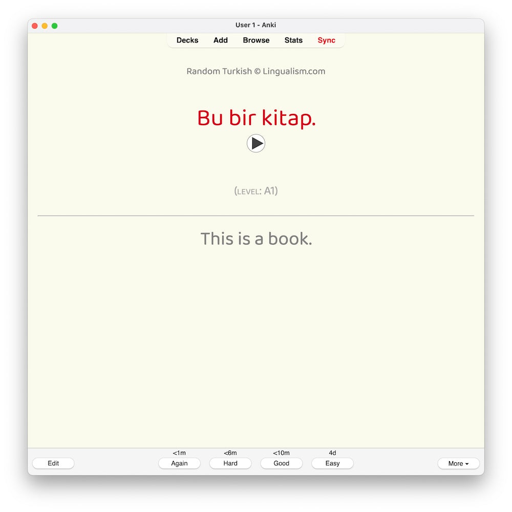 Random Turkish A1: Anki Flashcards
