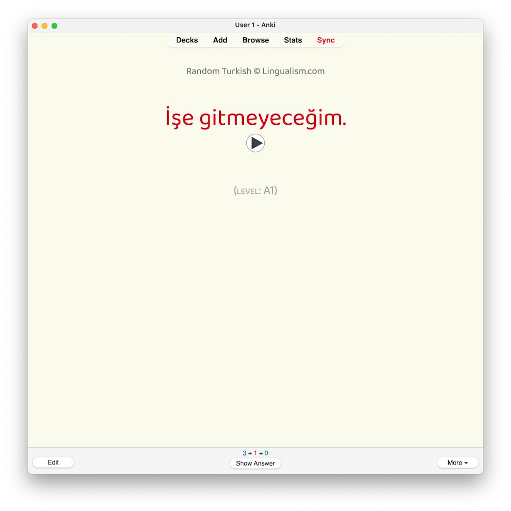 Random Turkish A1: Anki Flashcards
