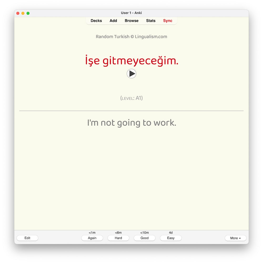 Random Turkish A1: Anki Flashcards