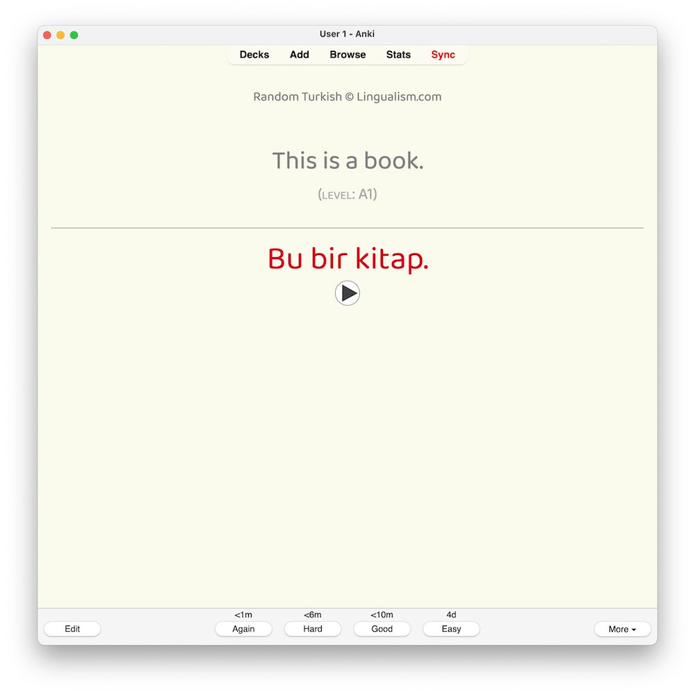 Random Turkish A1: Anki Flashcards