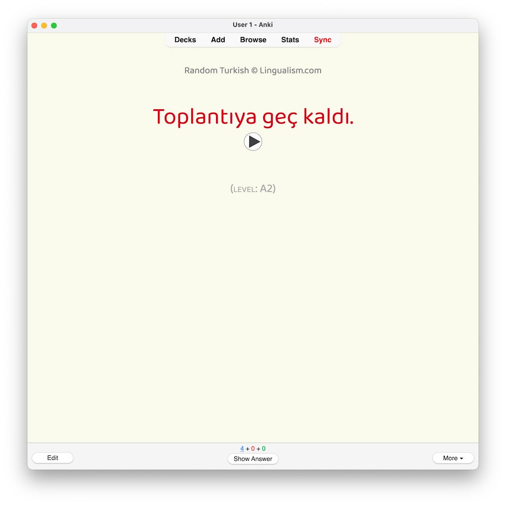 Random Turkish A2: Anki Flashcards