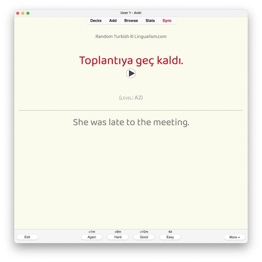 Random Turkish A2: Anki Flashcards