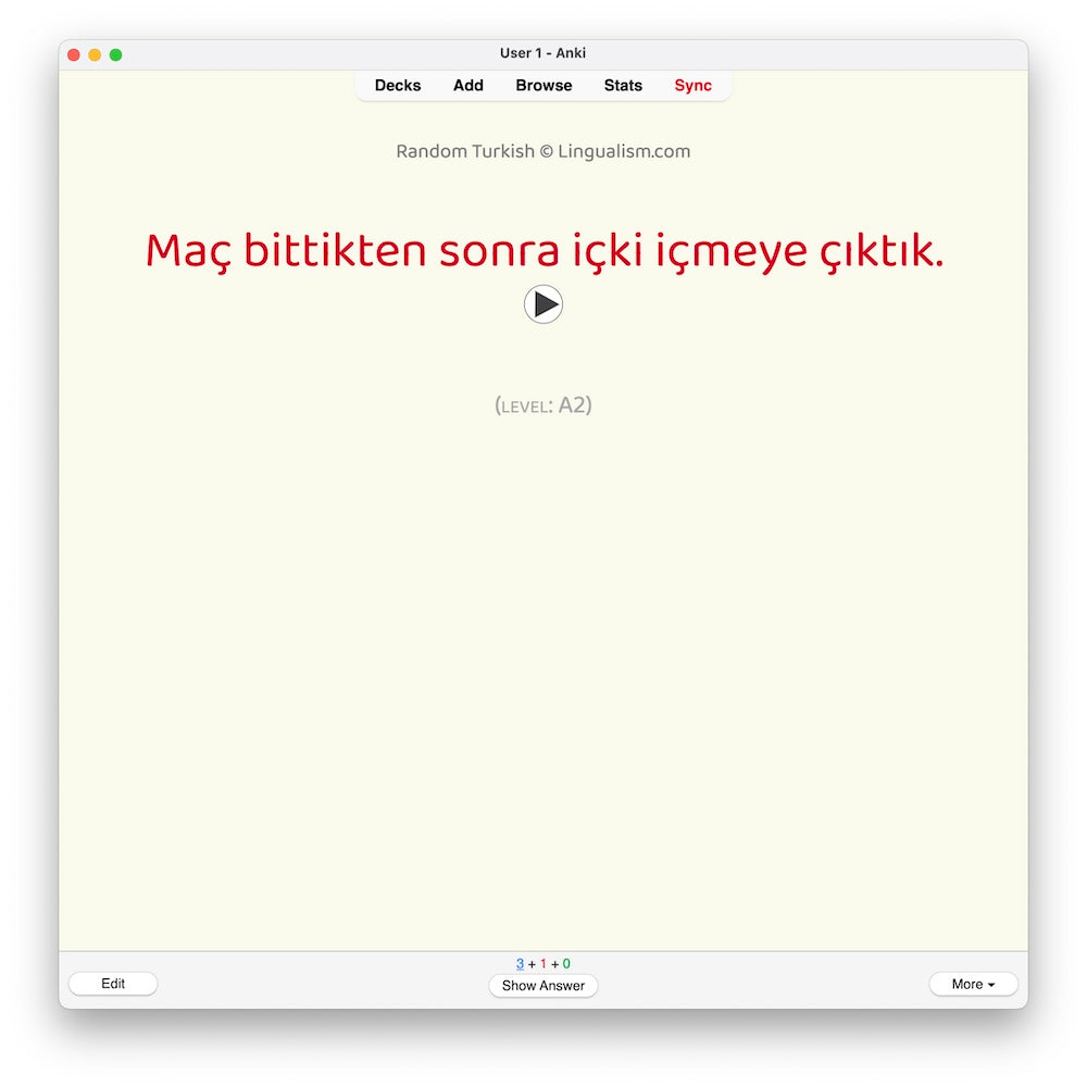 Random Turkish A2: Anki Flashcards