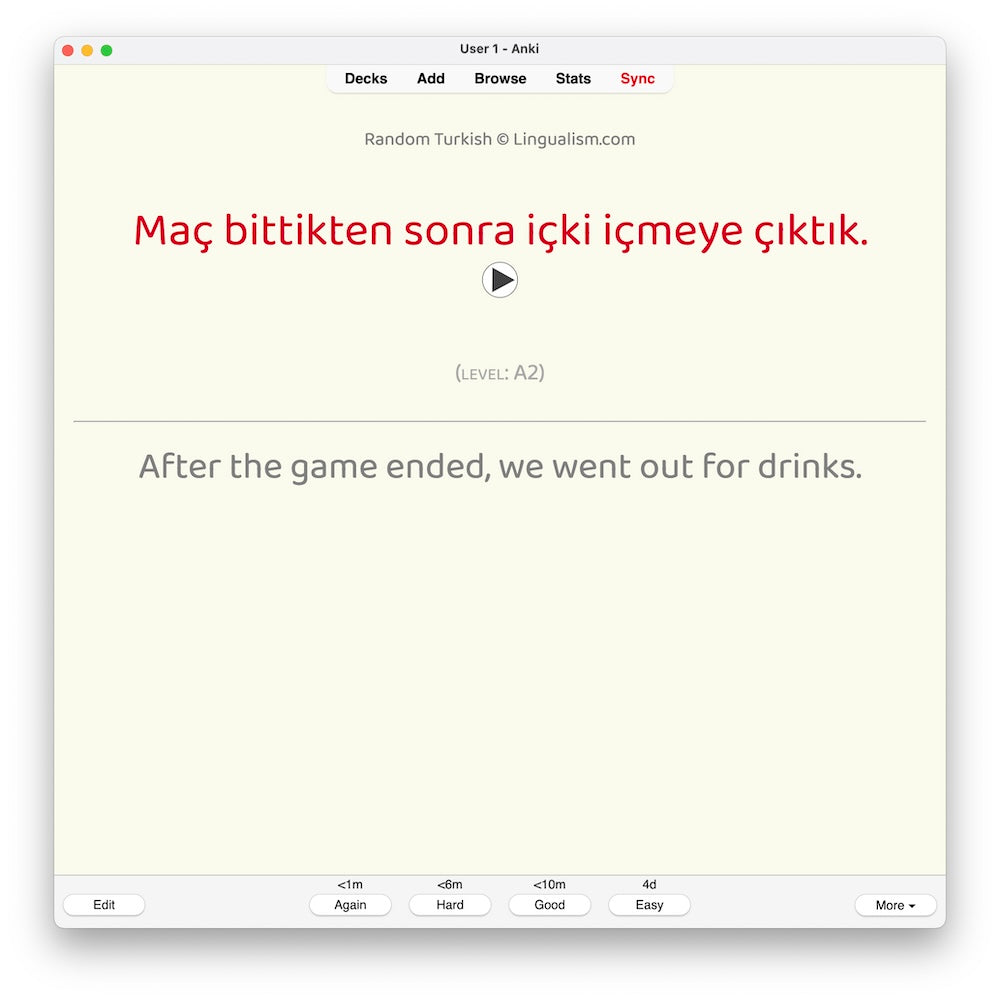 Random Turkish A2: Anki Flashcards