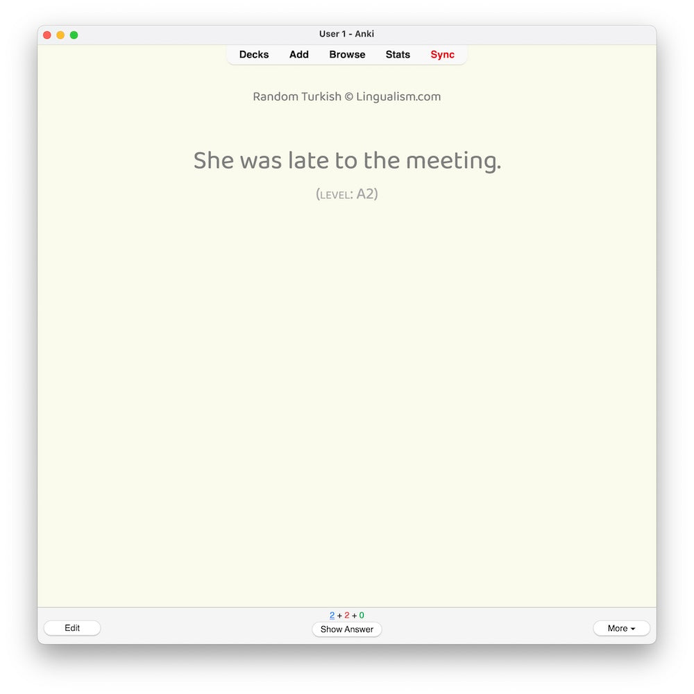Random Turkish A2: Anki Flashcards