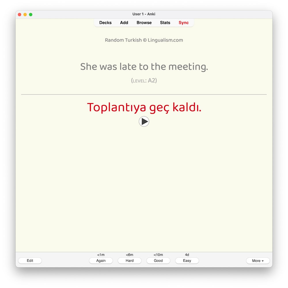 Random Turkish A2: Anki Flashcards