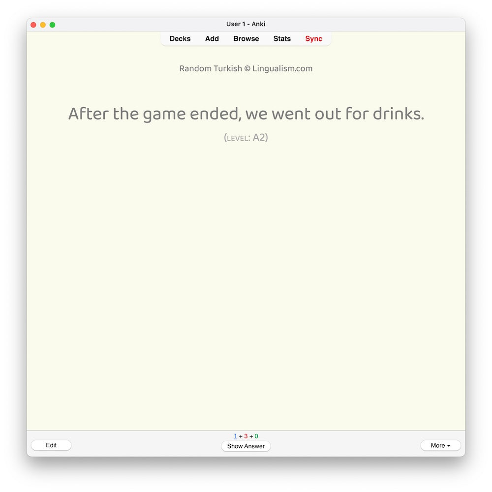 Random Turkish A2: Anki Flashcards