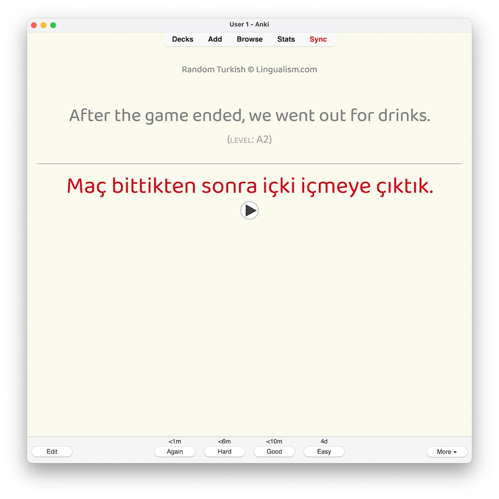 Random Turkish A2: Anki Flashcards
