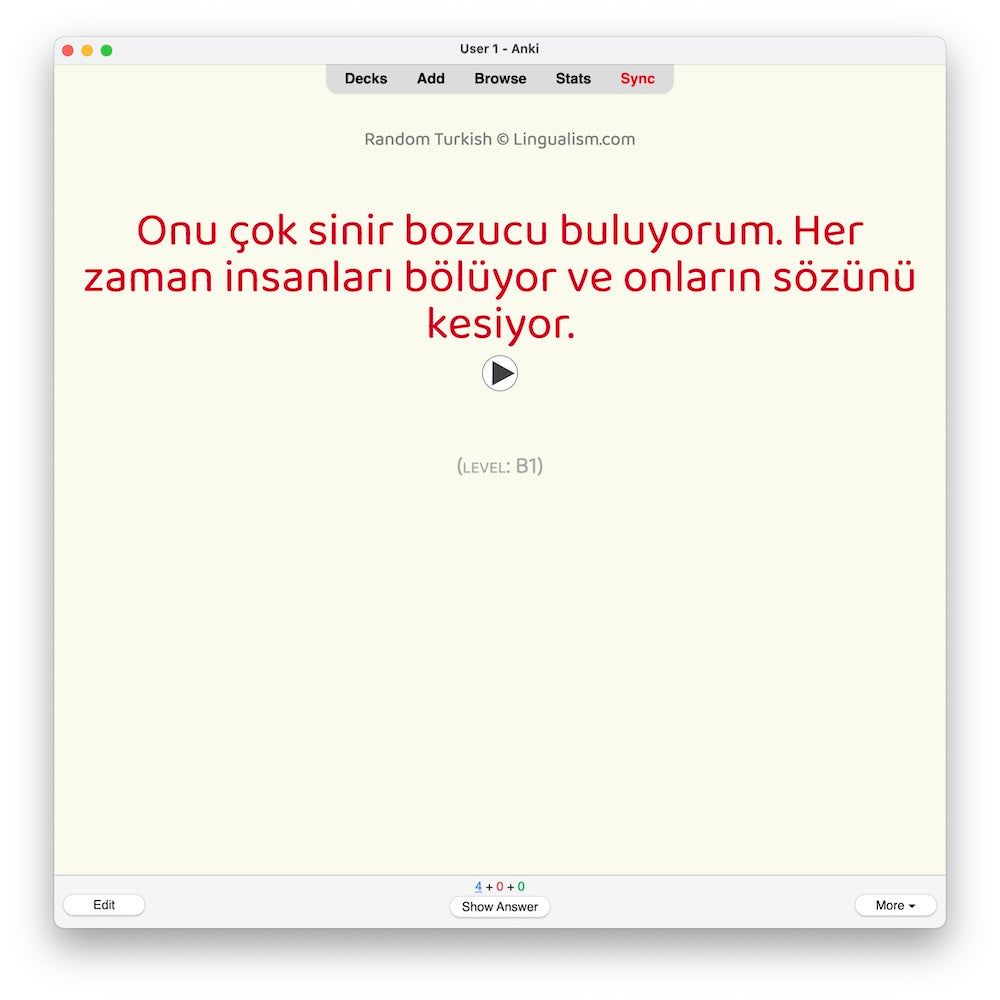Random Turkish B1: Anki Flashcards