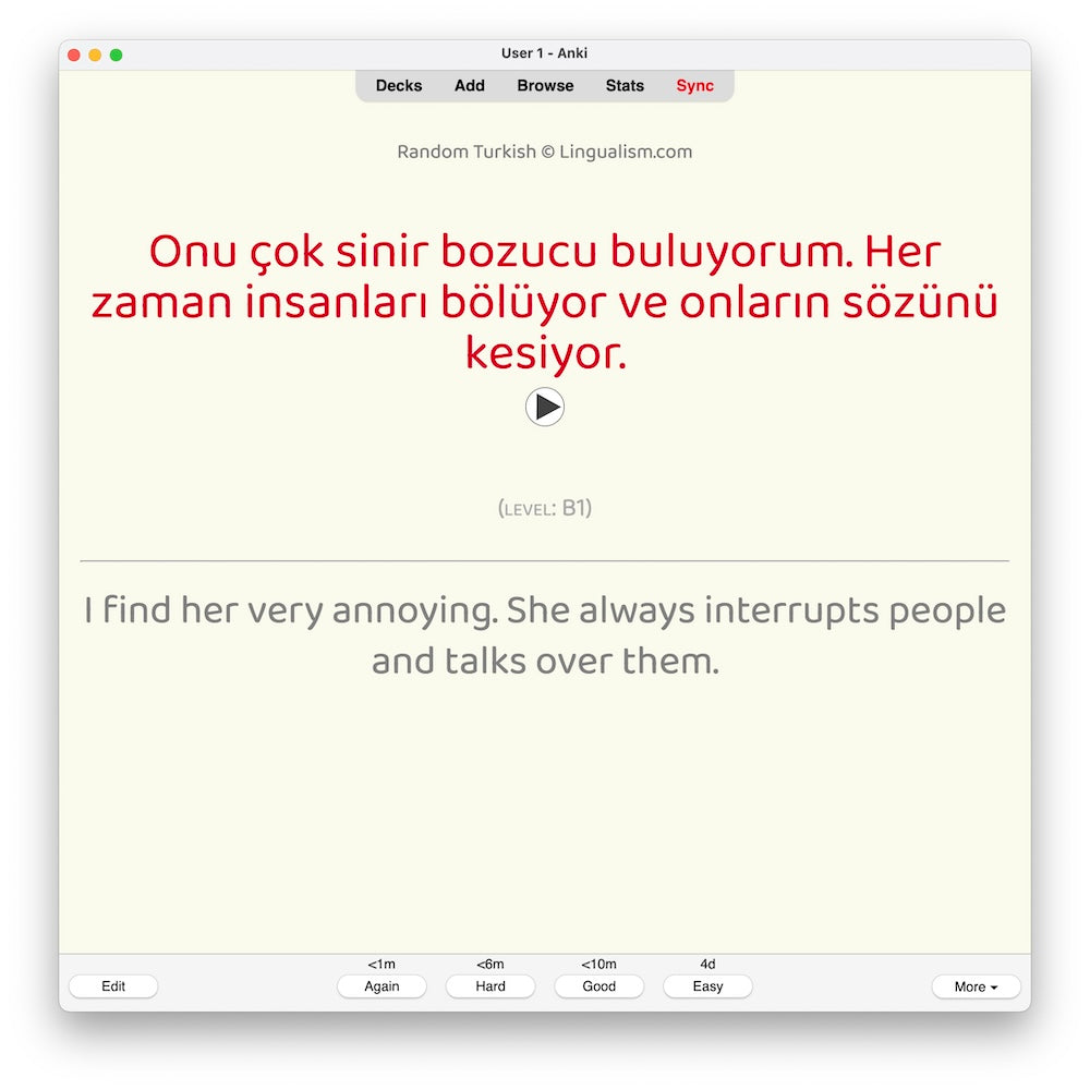 Random Turkish B1: Anki Flashcards