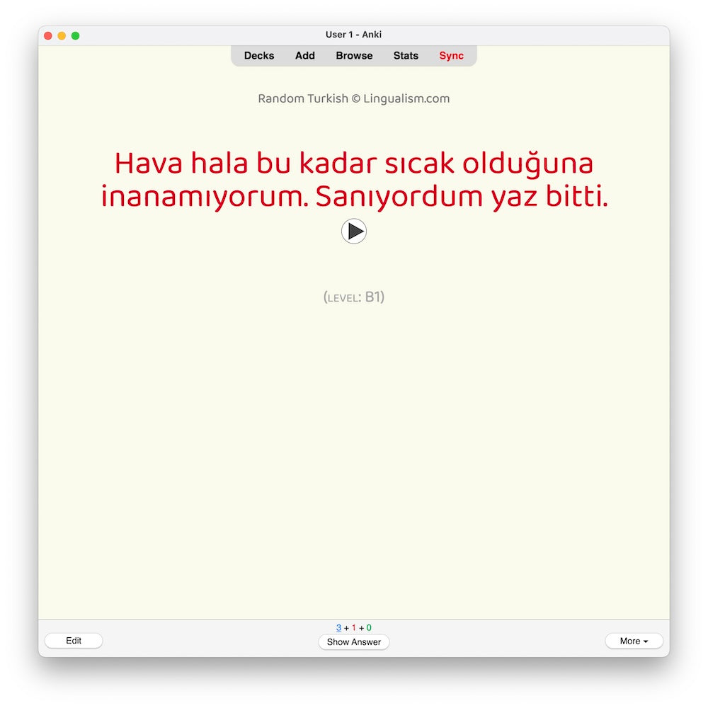 Random Turkish B1: Anki Flashcards