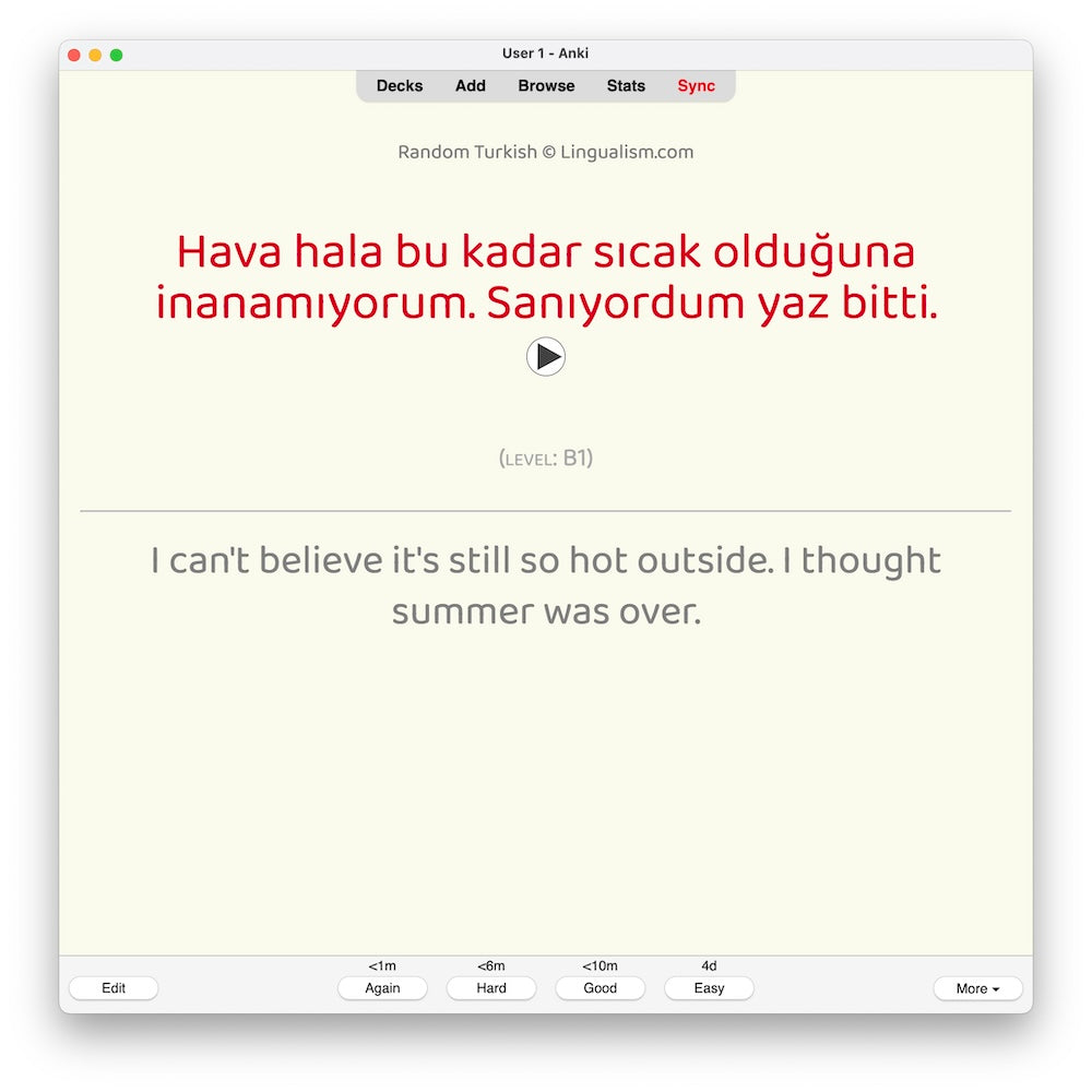 Random Turkish B1: Anki Flashcards