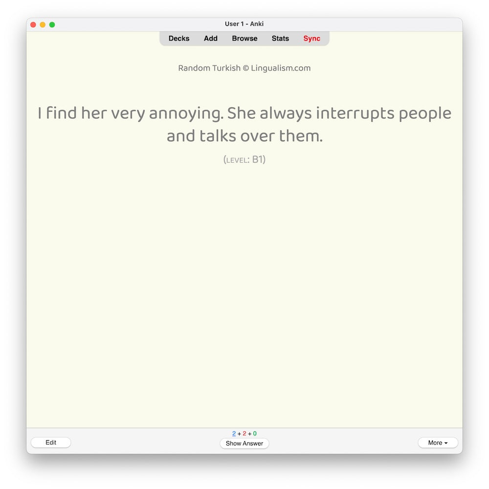 Random Turkish B1: Anki Flashcards
