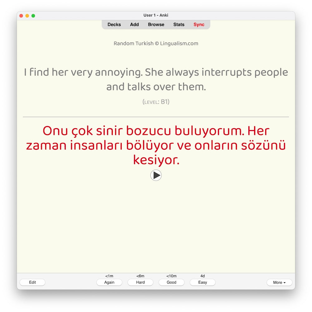 Random Turkish B1: Anki Flashcards