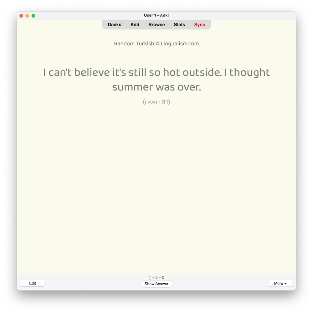 Random Turkish B1: Anki Flashcards