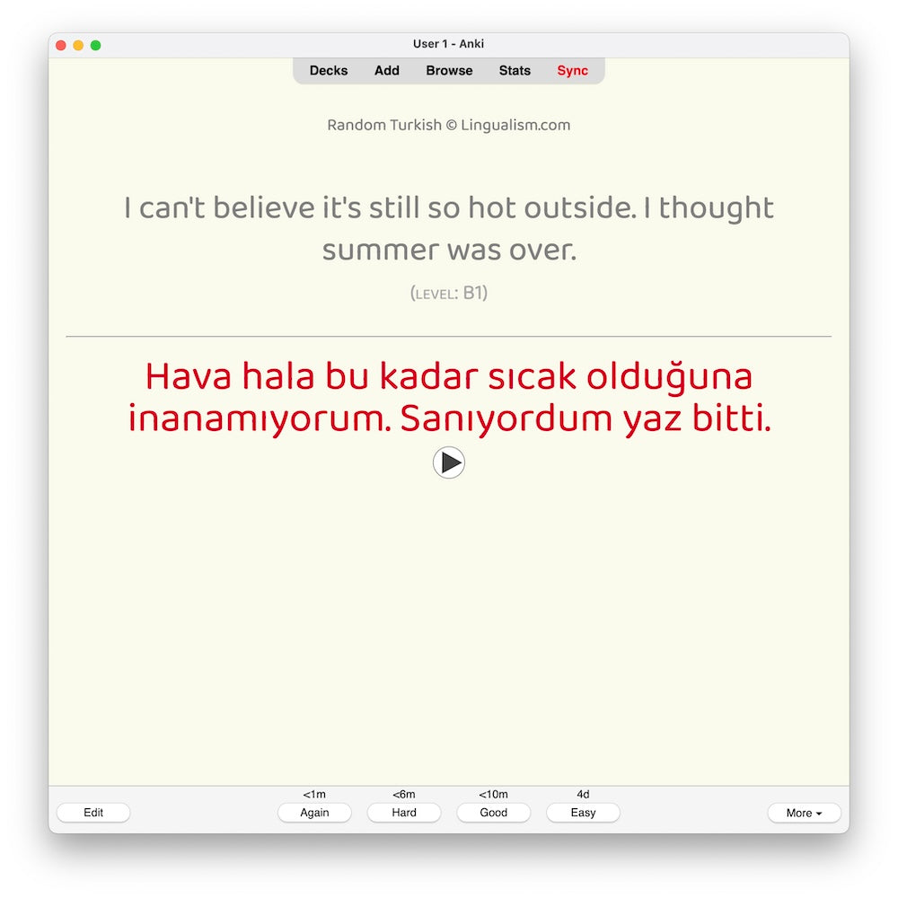 Random Turkish B1: Anki Flashcards