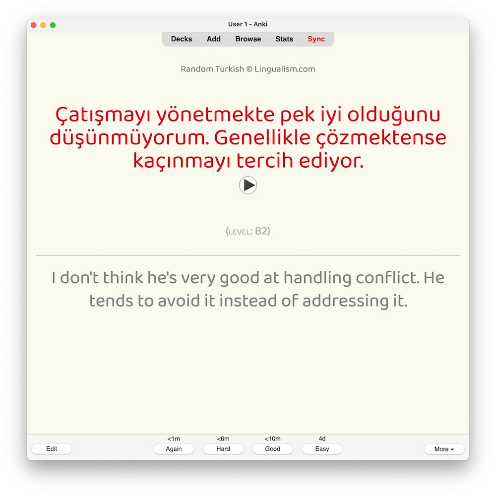 Random Turkish B2: Anki Flashcards