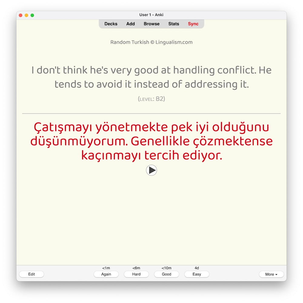 Random Turkish B2: Anki Flashcards