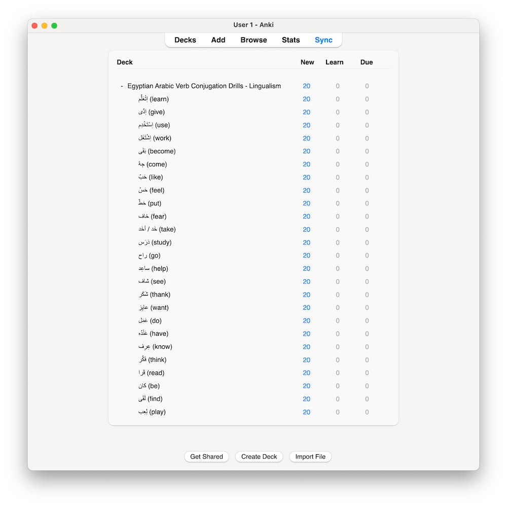 Egyptian Arabic Verb Conjugation Drills: Anki Flashcards (Set 1)