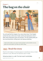 Egyptian Arabic Interwoven Book 1: More Than Tea — Story page 1: Chapter 1, The bag on the chair — illustration and Pass 1 opening