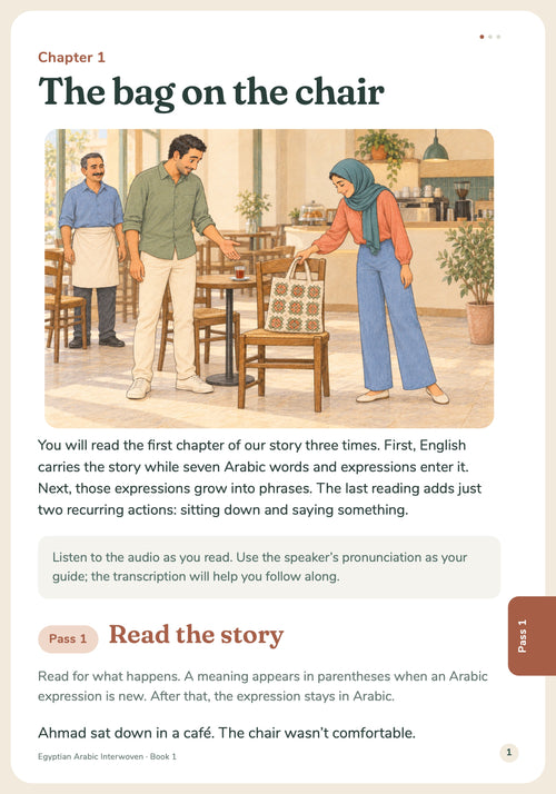 Egyptian Arabic Interwoven Book 1: More Than Tea — Story page 1: Chapter 1, The bag on the chair — illustration and Pass 1 opening