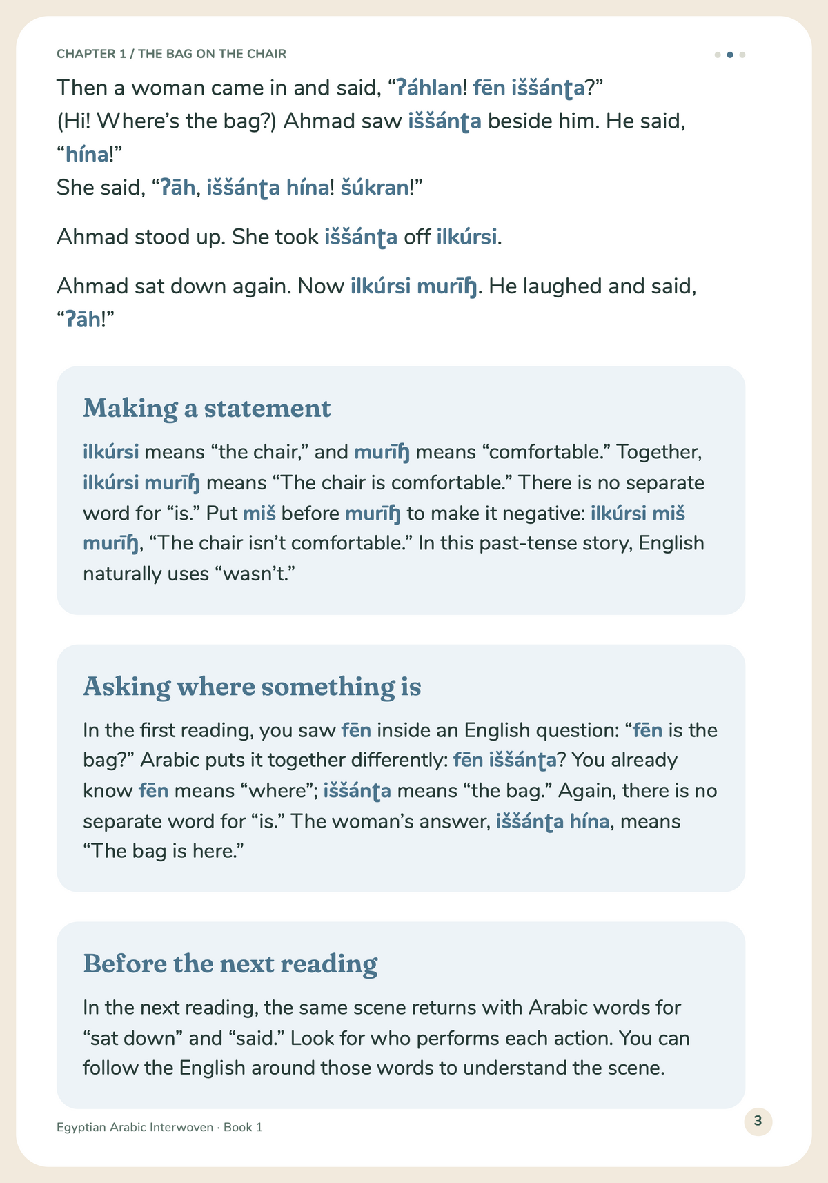Egyptian Arabic Interwoven Book 1: More Than Tea — Story page 3: Chapter 1, The bag on the chair — Pass 2 and language notes
