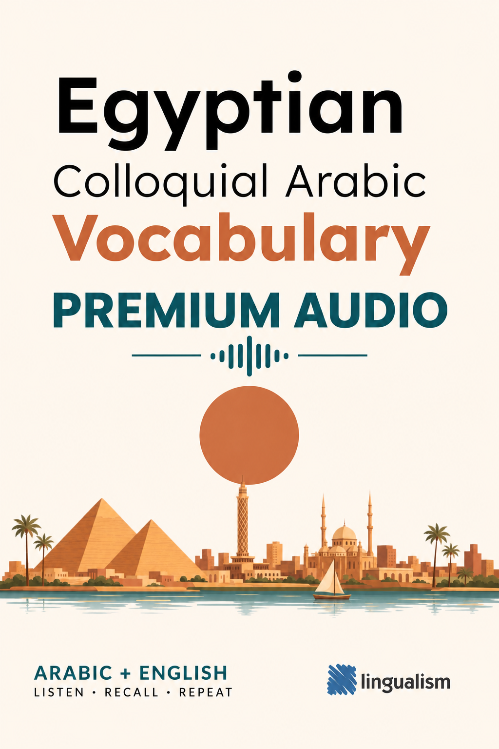 Egyptian Colloquial Arabic Vocabulary Premium Audio cover with Cairo skyline artwork and a waveform.