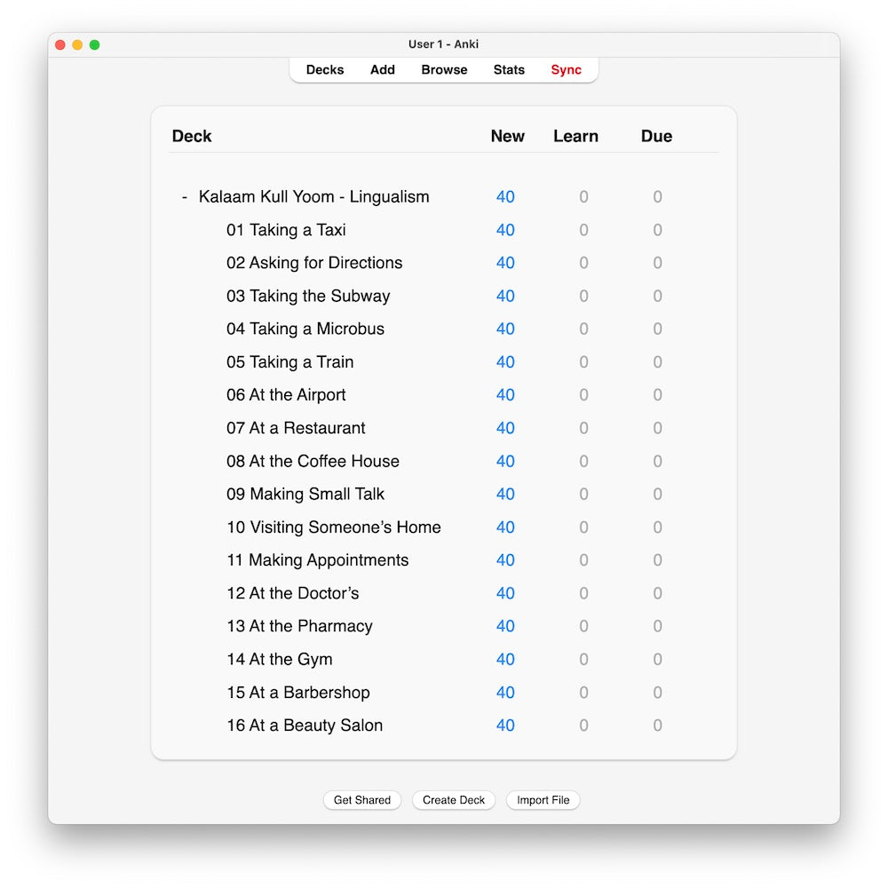 Kalaam Kull Yoom 1: Anki Flashcards
