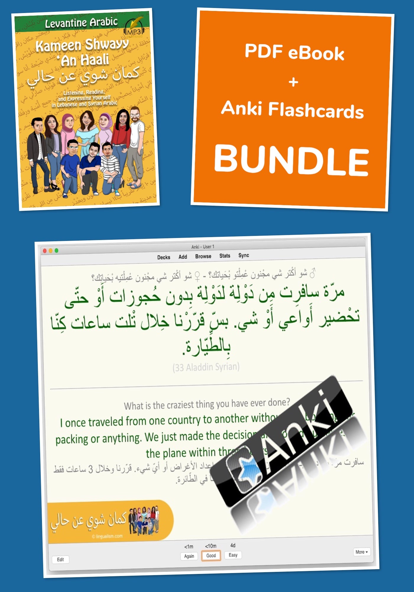 Bundled product of PDF eBook and Anki Flashcards for Kameen Shwayy 'An Haali ( for learning Levantine Arabic)