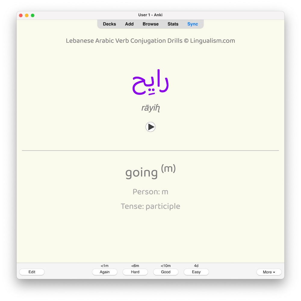 Lebanese Arabic Verb Conjugation Drills: Anki Flashcards (Set 1)