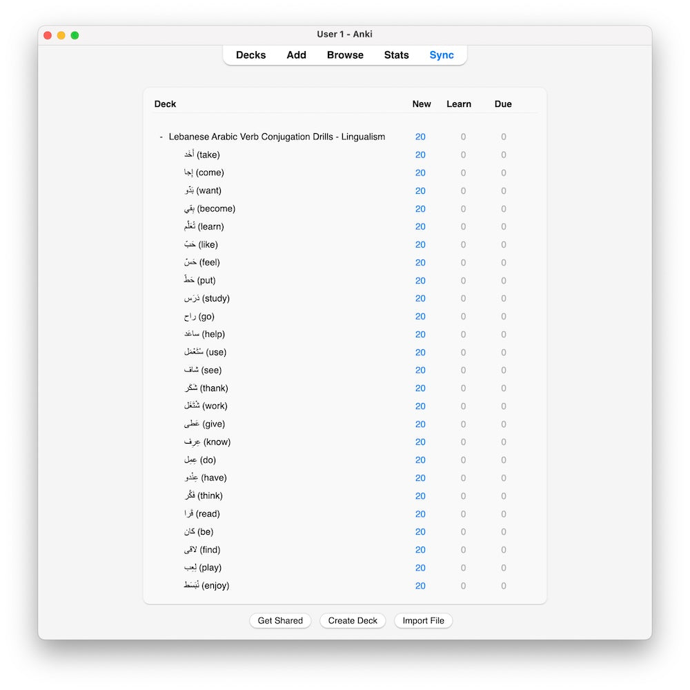 Lebanese Arabic Verb Conjugation Drills: Anki Flashcards (Set 1)