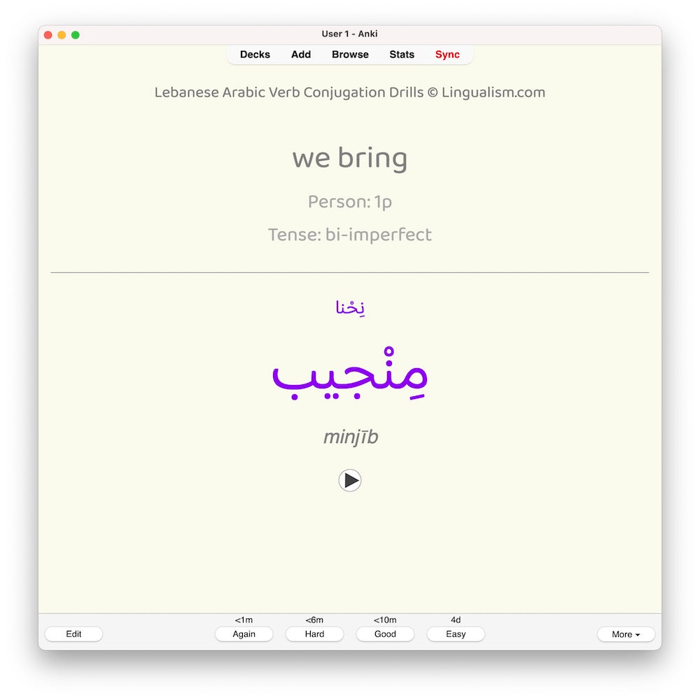 Lebanese Arabic Verb Conjugation Drills: Anki Flashcards (Set 2)