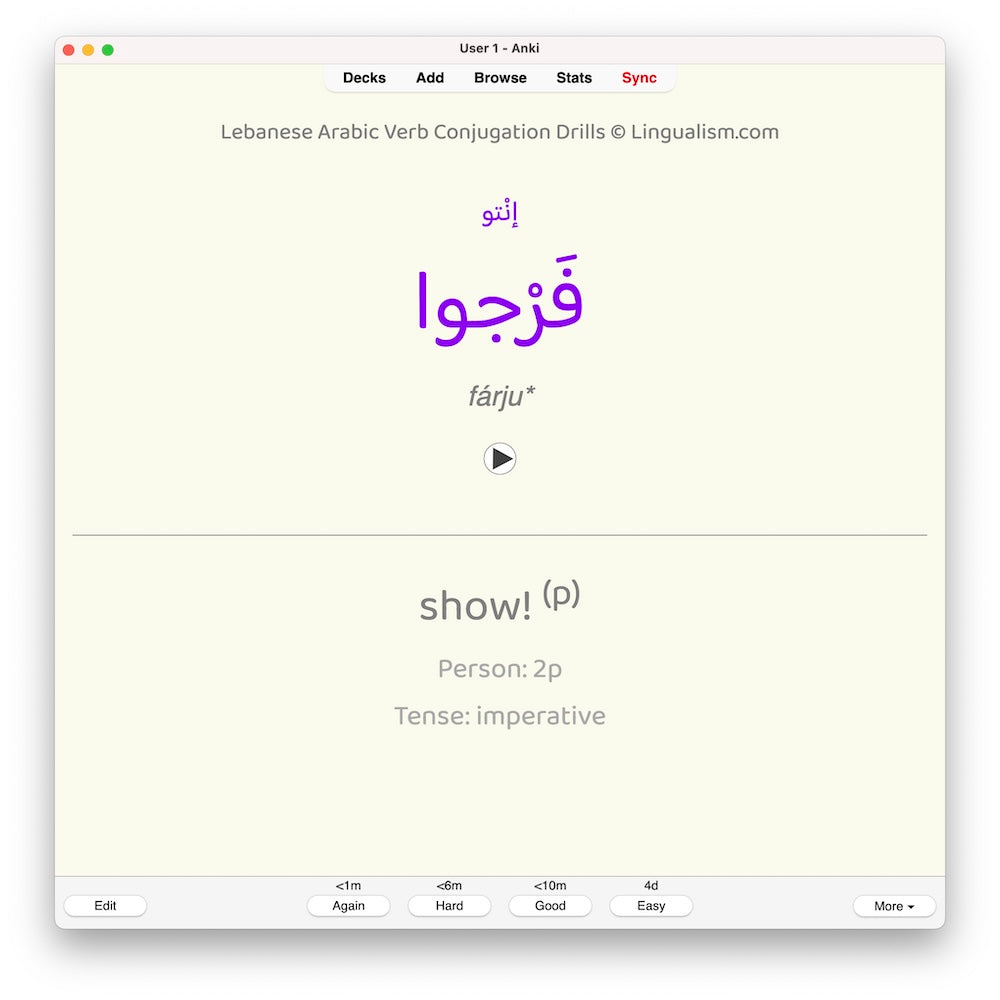 Lebanese Arabic Verb Conjugation Drills: Anki Flashcards (Set 2)