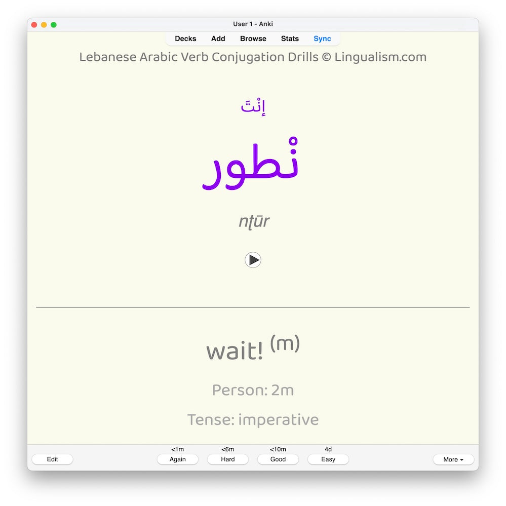 Lebanese Arabic Verb Conjugation Drills: Anki Flashcards (Set 3)