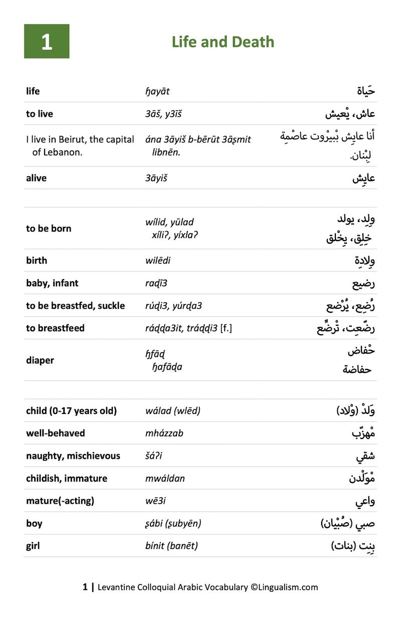 Levantine Colloquial Arabic Vocabulary