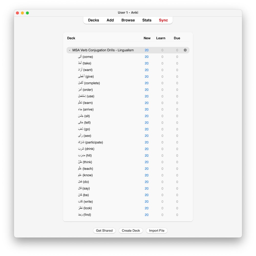 Modern Standard Arabic Verb Conjugation Drills: Anki Flashcards (Set 1)