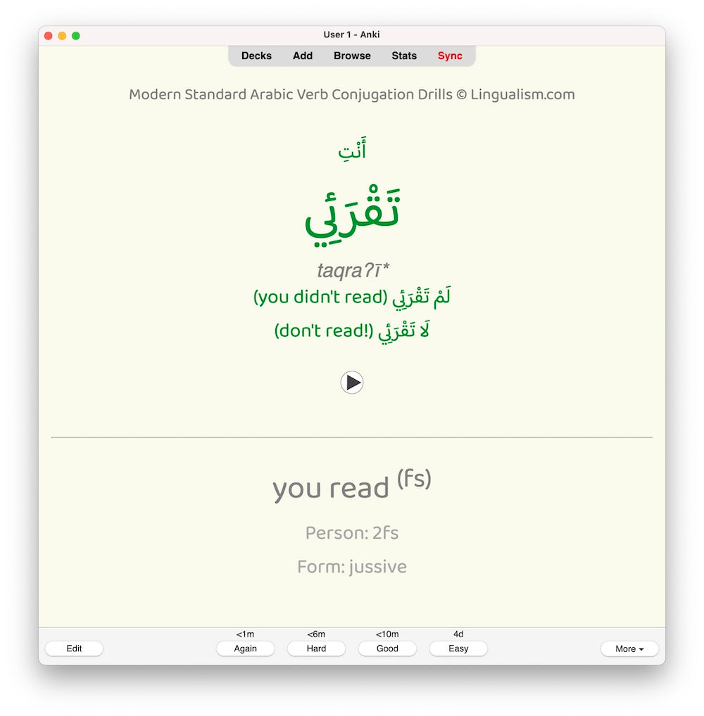 Modern Standard Arabic Verb Conjugation Drills: Anki Flashcards (Set 2)