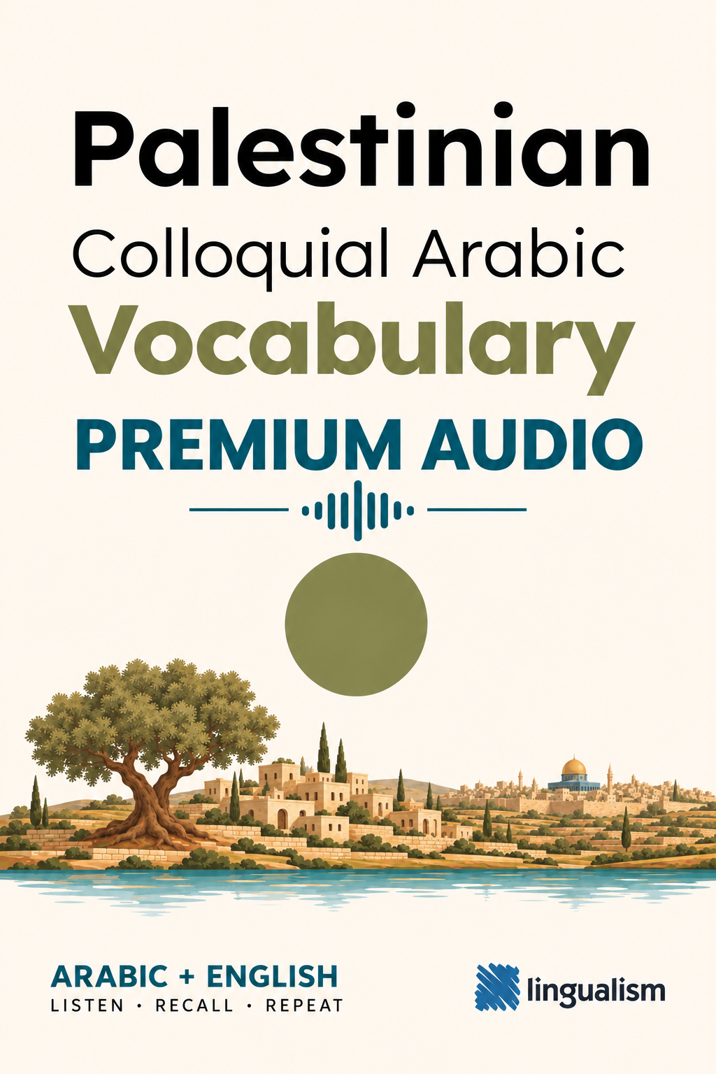 Palestinian Colloquial Arabic Vocabulary Premium Audio cover with olive tree and Palestinian skyline artwork and a teal waveform.

