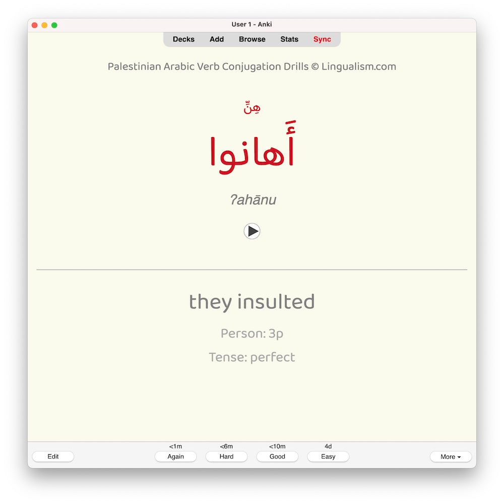 Palestinian Arabic Verb Conjugation Drills: Anki Flashcards (Set 2)