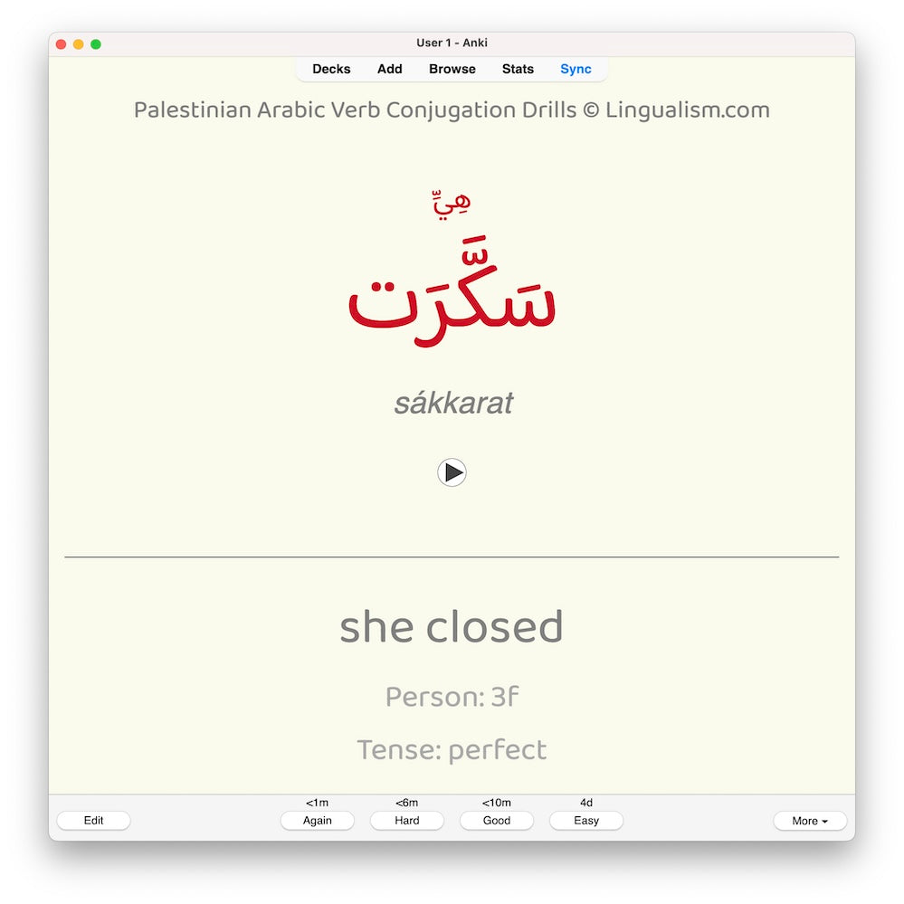 Palestinian Arabic Verb Conjugation Drills: Anki Flashcards (Set 3)