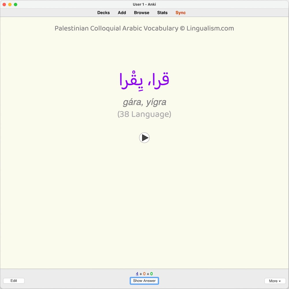 Palestinian Colloquial Arabic Vocabulary: Anki Flashcards
