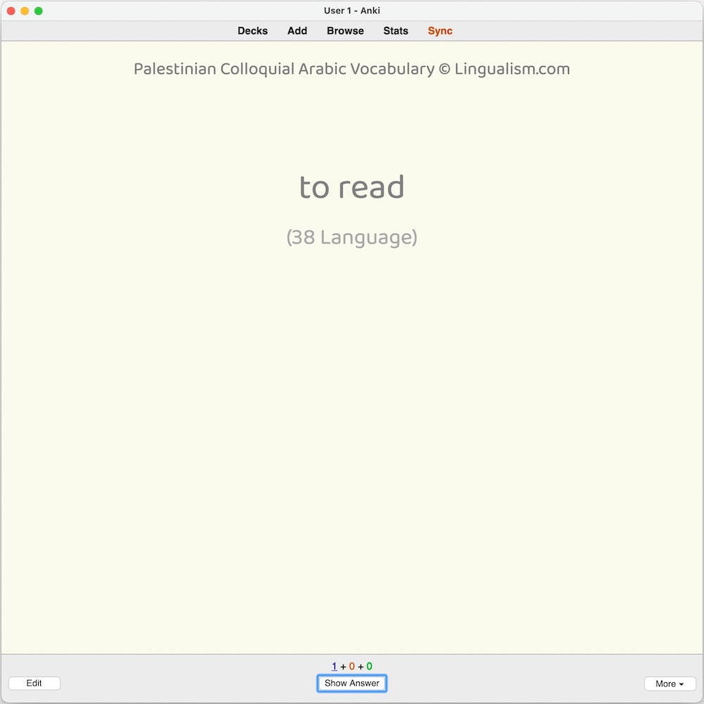 Palestinian Colloquial Arabic Vocabulary: Anki Flashcards