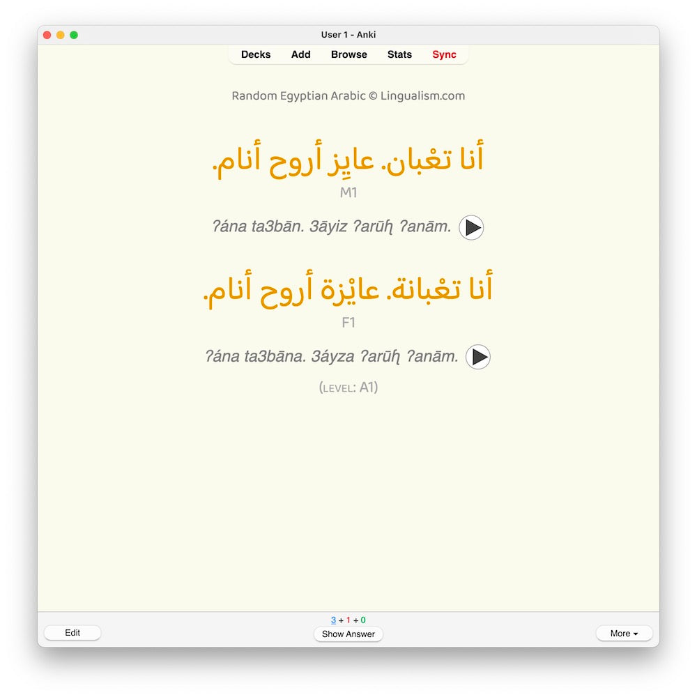 Random Egyptian Arabic A1: Anki Flashcards