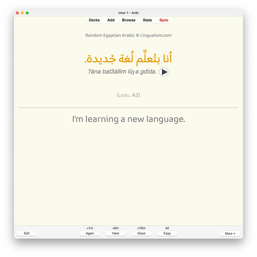 Random Egyptian Arabic A2: Anki Flashcards