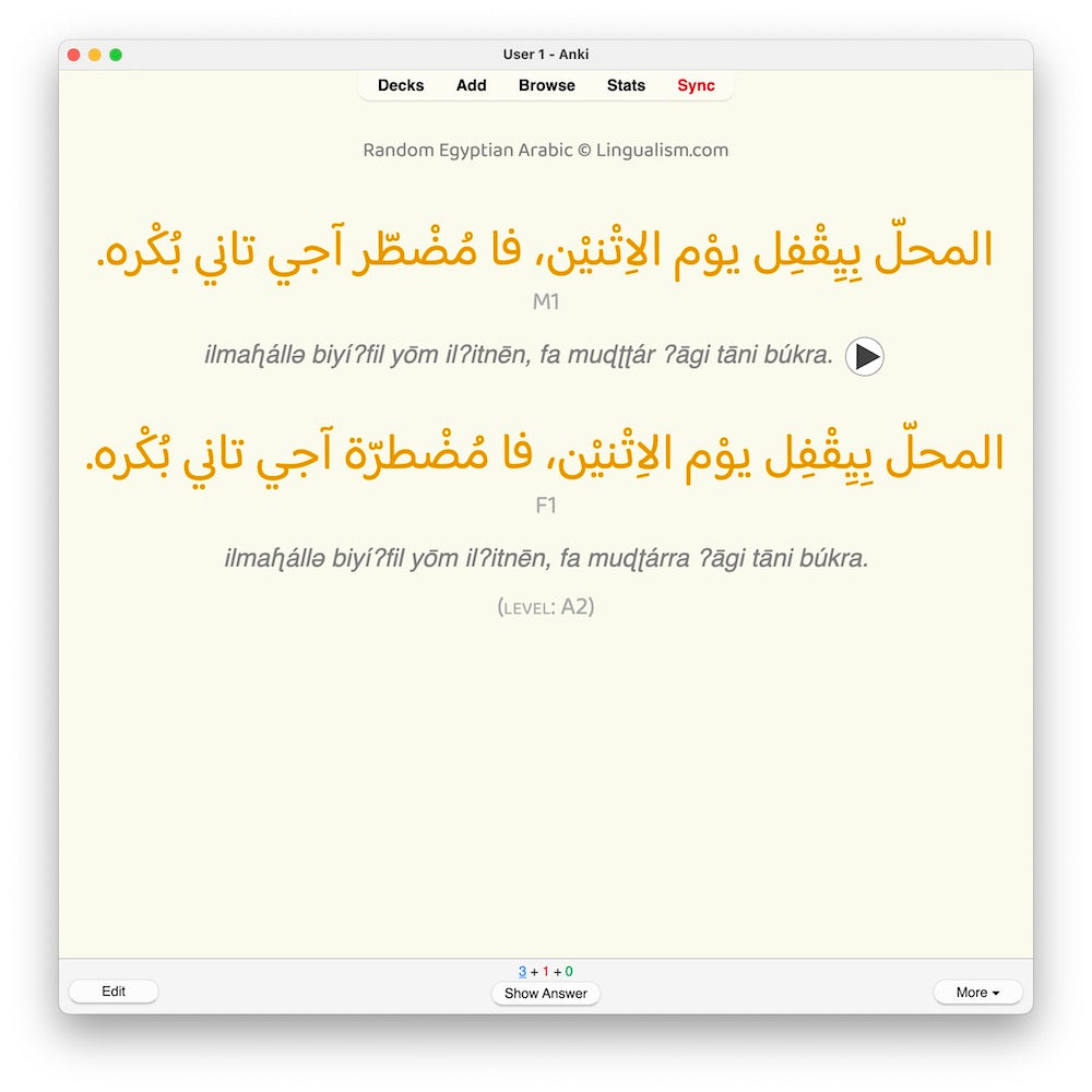 Random Egyptian Arabic A2: Anki Flashcards