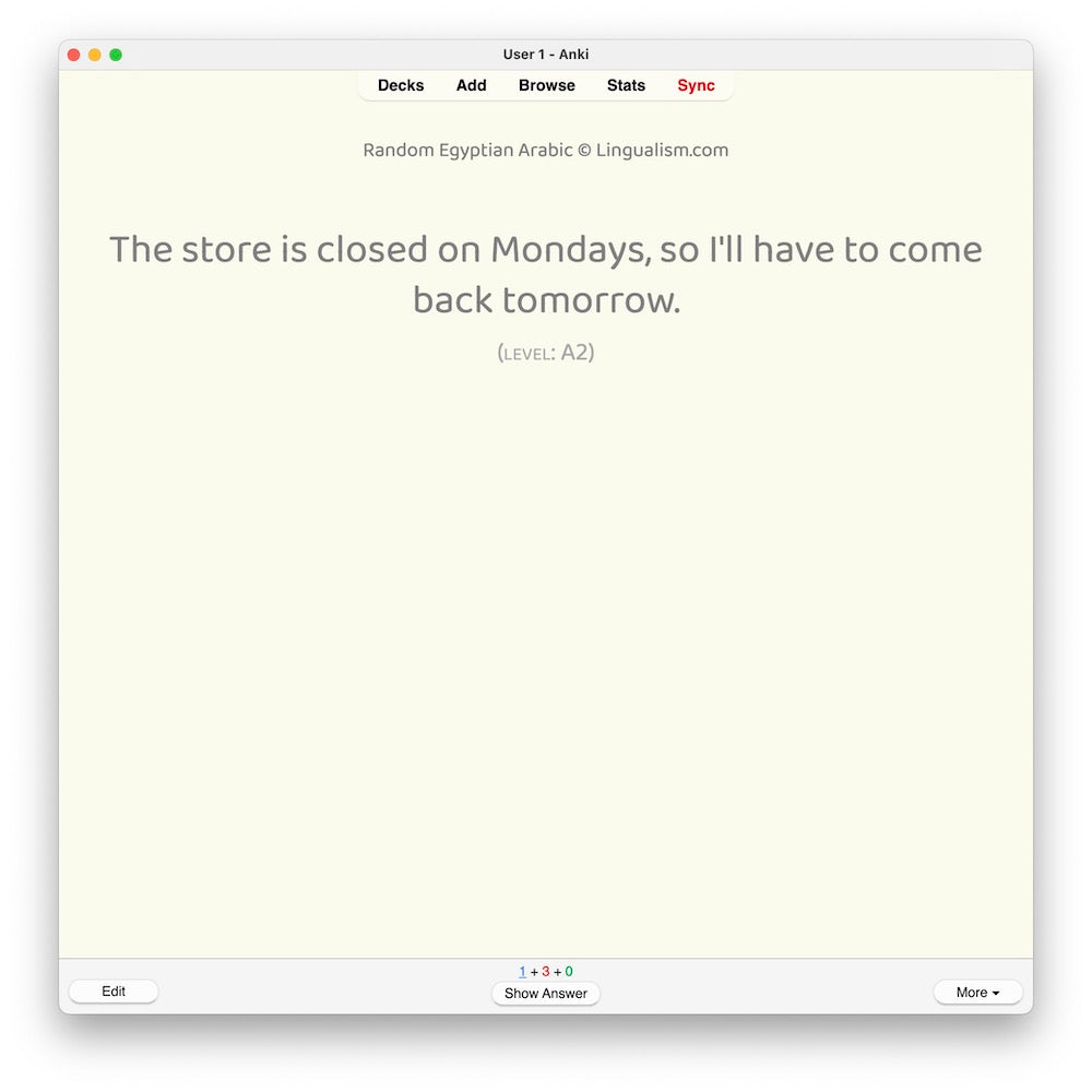 Random Egyptian Arabic A2: Anki Flashcards