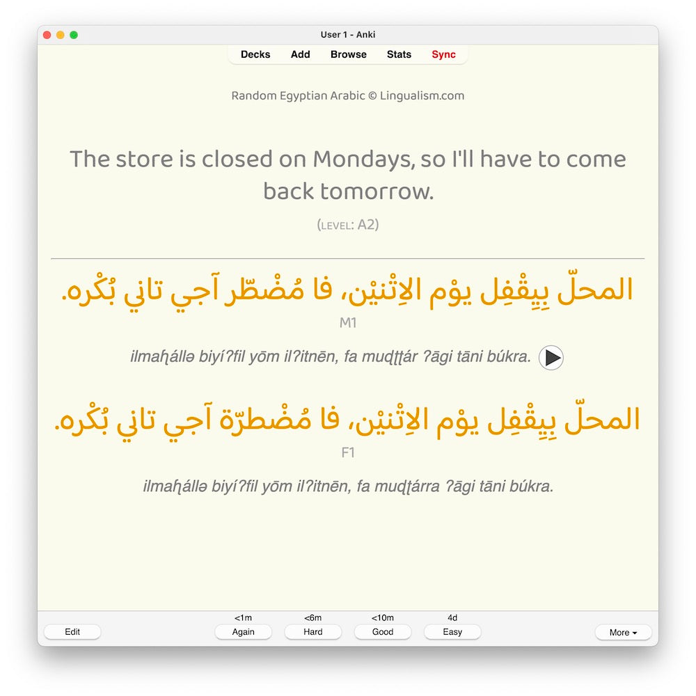 Random Egyptian Arabic A2: Anki Flashcards