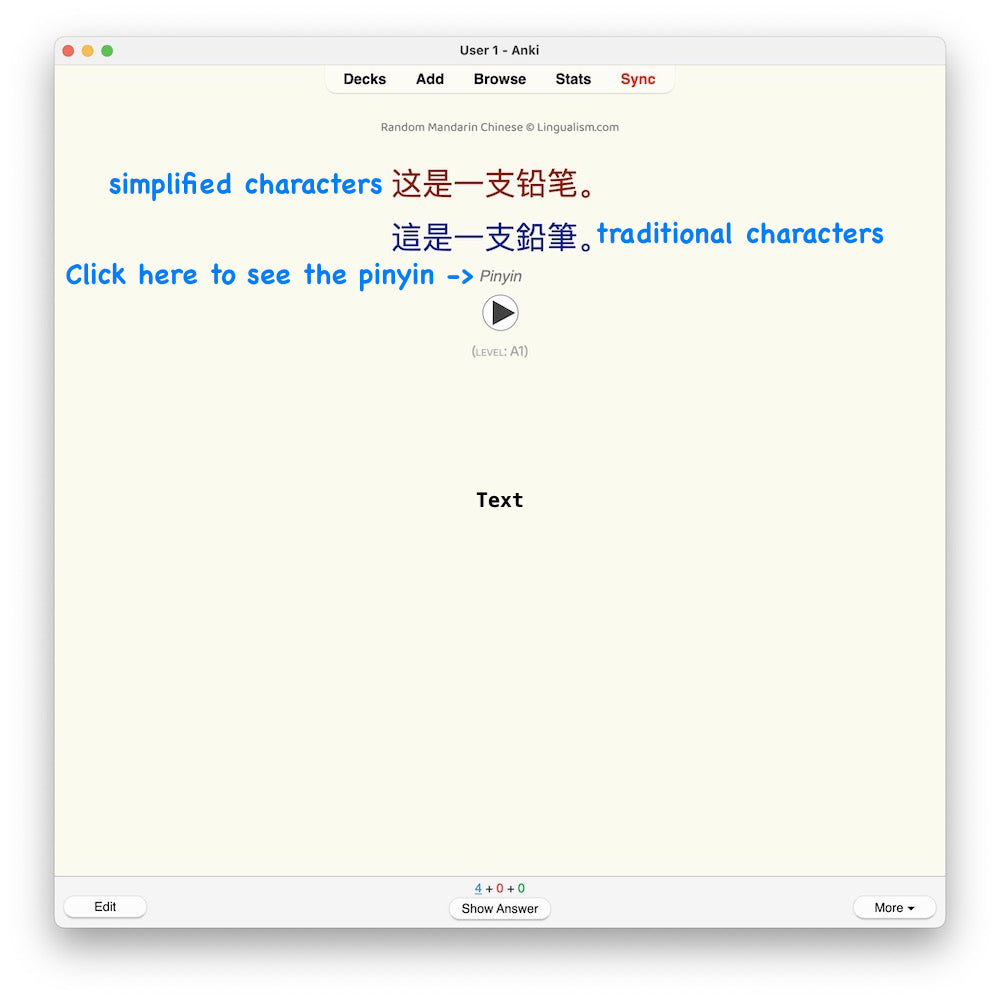 Random Mandarin Chinese A1: Anki Flashcards